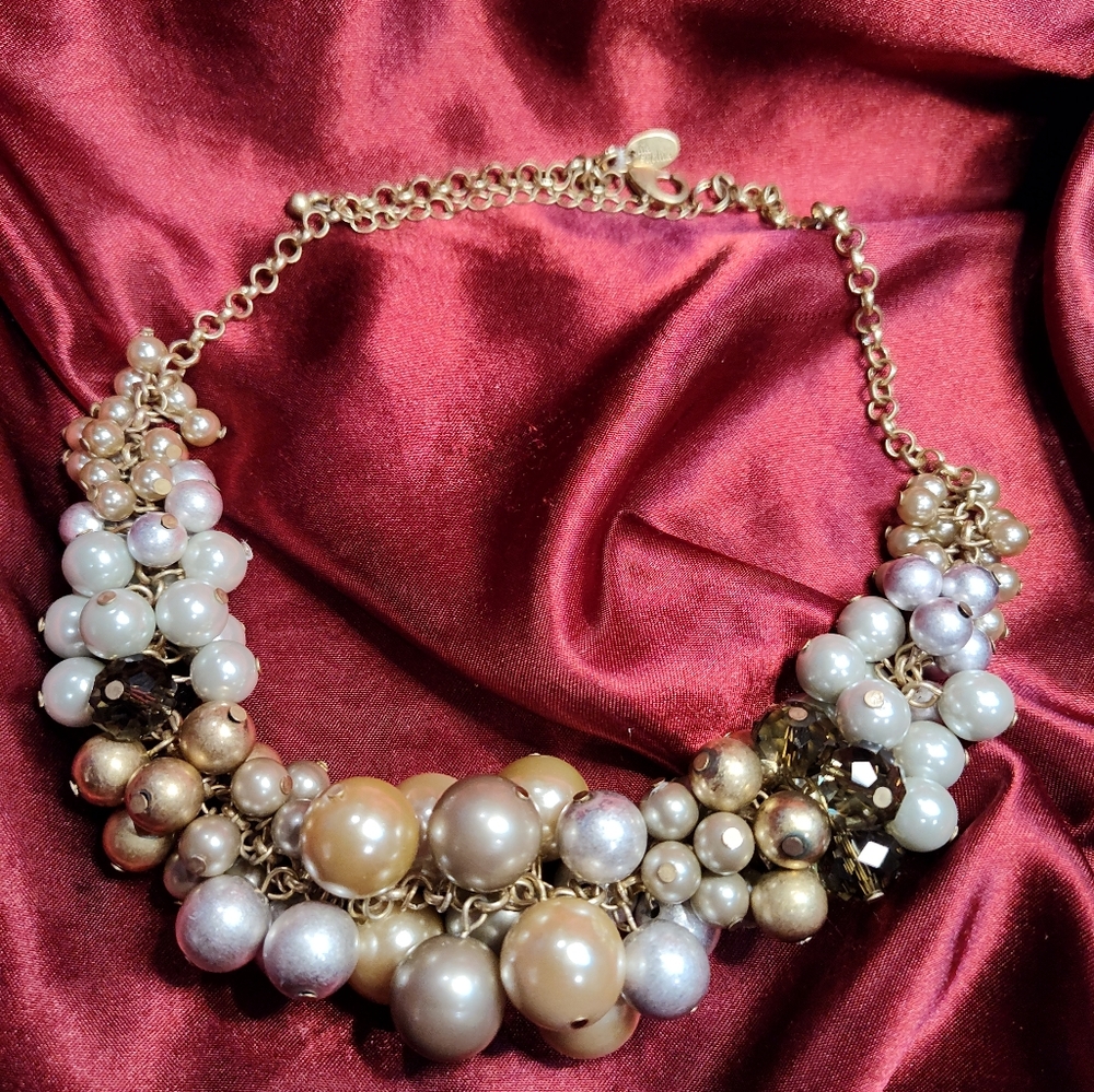 Vintage Lia Sophia Bold Gold Tone & Faux Pearl Statement Necklace